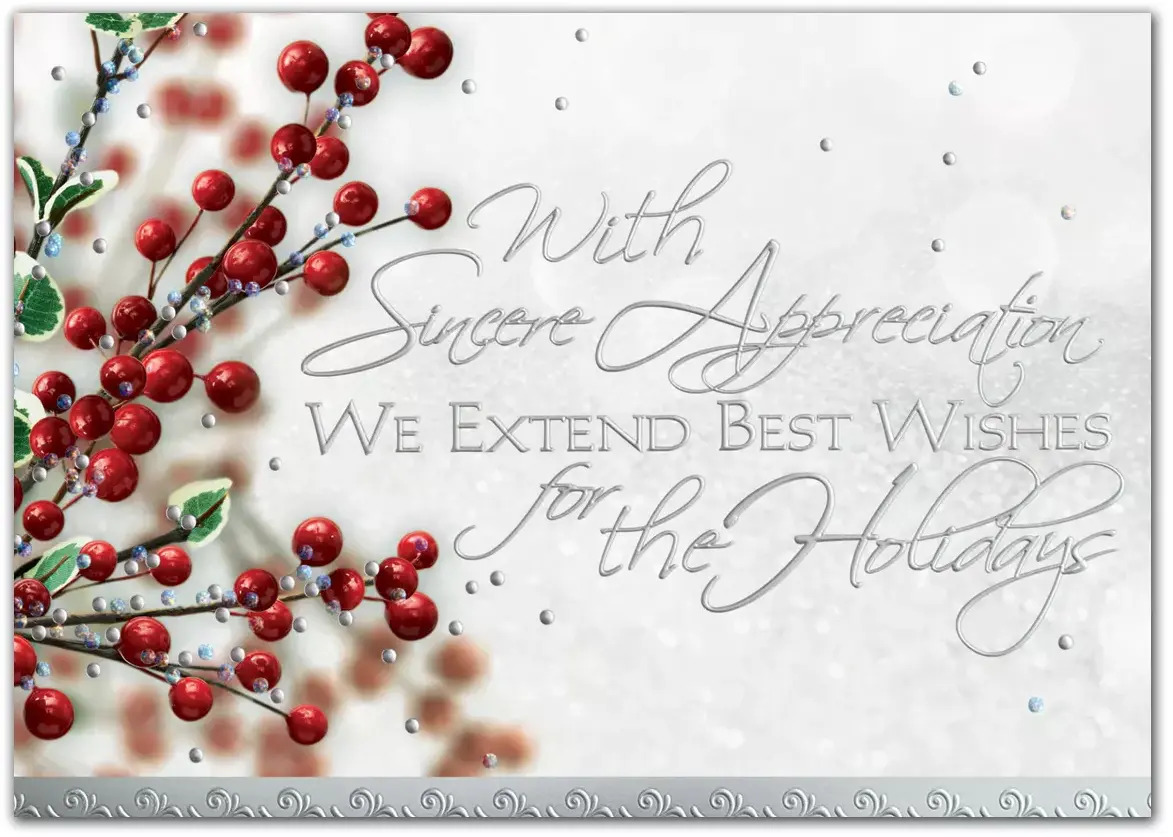Custom business holiday greeting card with berries & silver accents