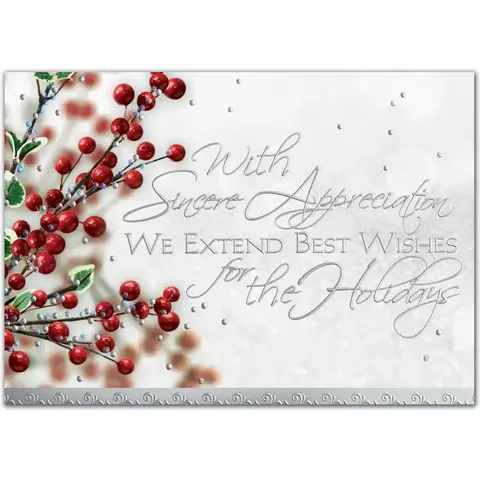 Custom business holiday greeting card with berries & silver accents