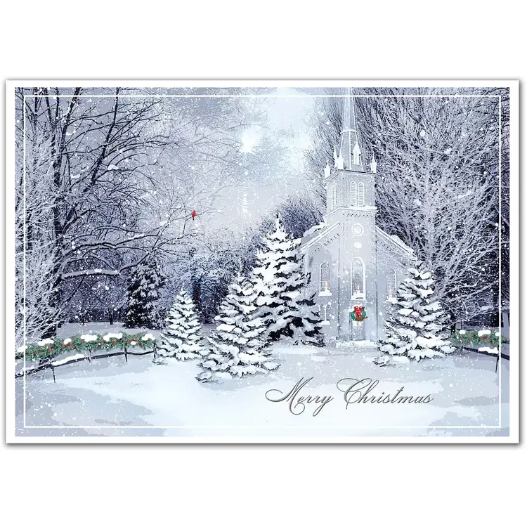 Christmas greeting cards with a chapel at night