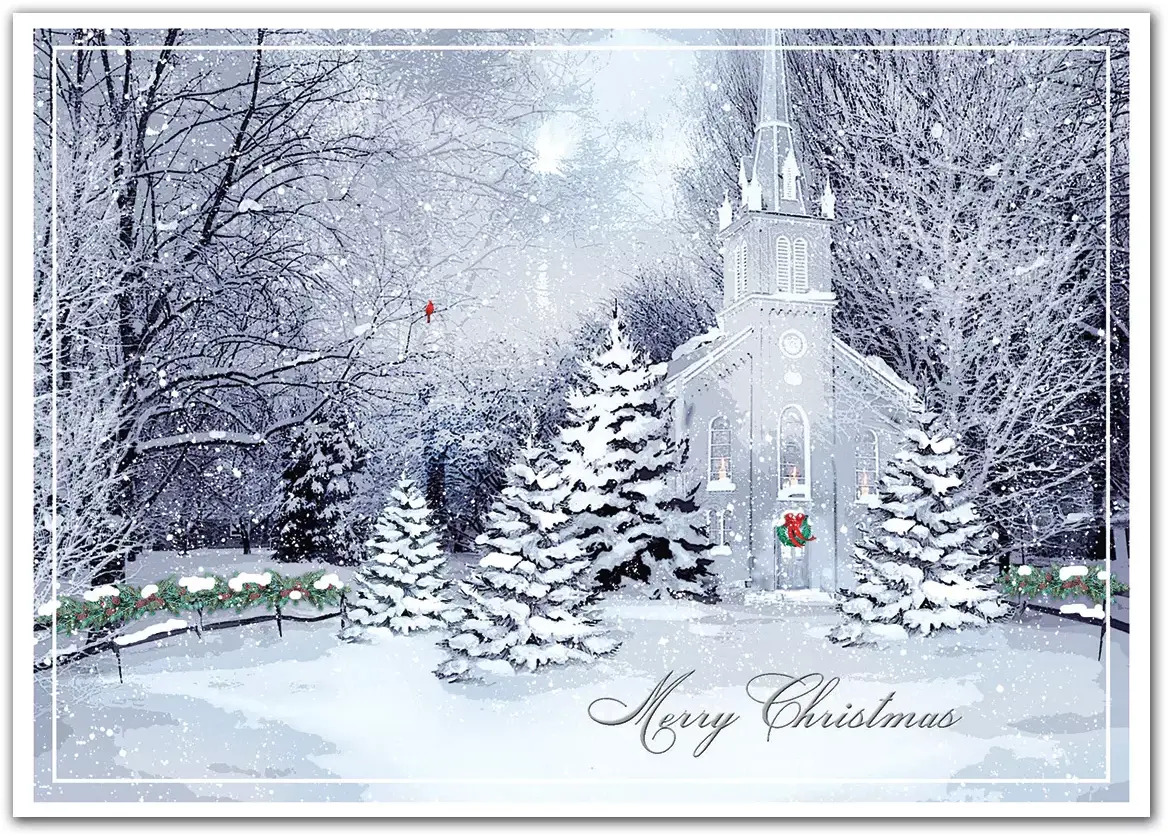 Christmas greeting cards with a chapel at night