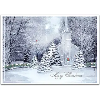 Christmas greeting cards with a chapel at night