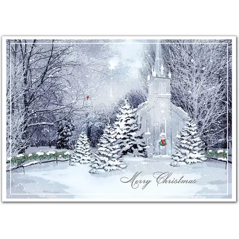 Christmas greeting cards with a chapel at night