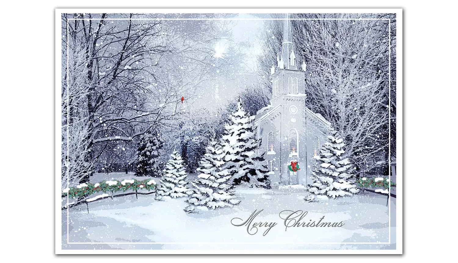 Christmas greeting cards with a chapel at night