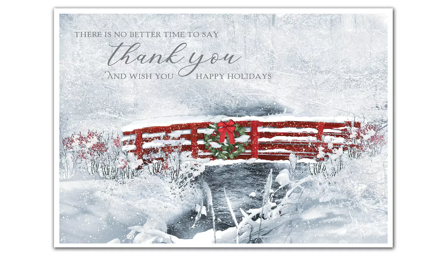 Business holiday card with a thankful greeting surrounded by snow and a red bridge