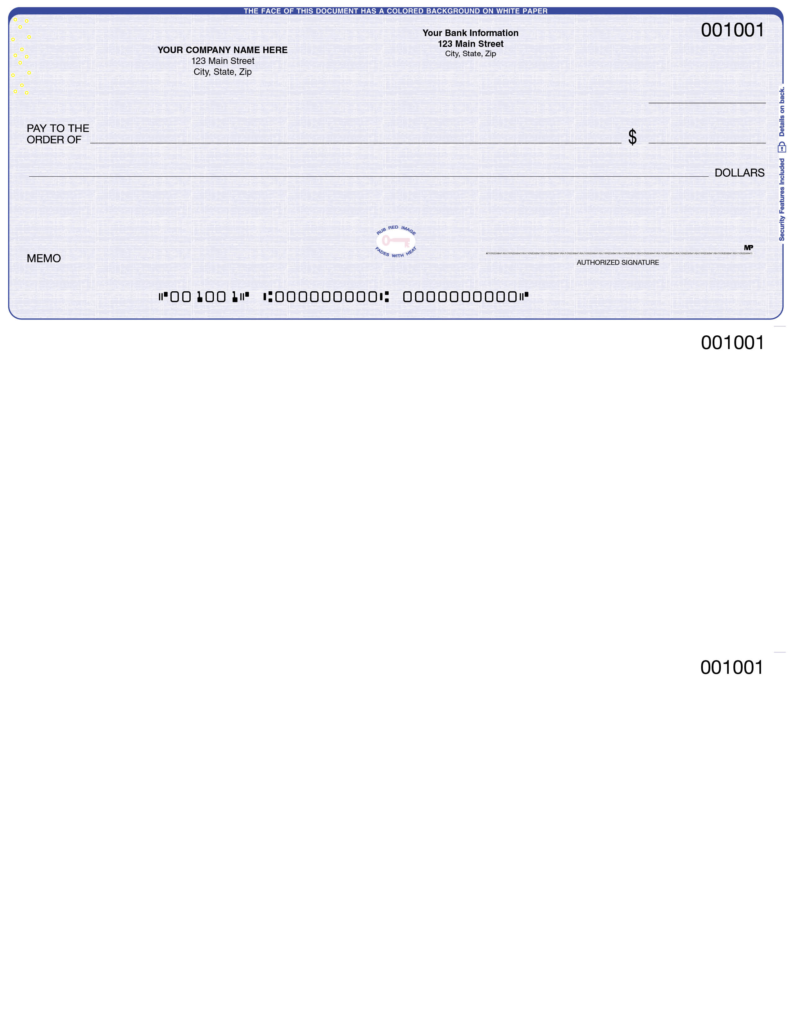 Custom business check with check on top