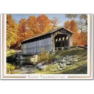 A rustic wooden bridge with Fall colored trees for custom printed Thanksgiving Cards
