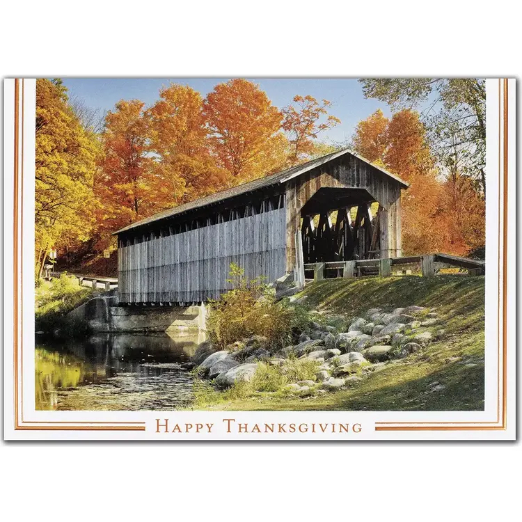 A rustic wooden bridge with Fall colored trees for custom printed Thanksgiving Cards
