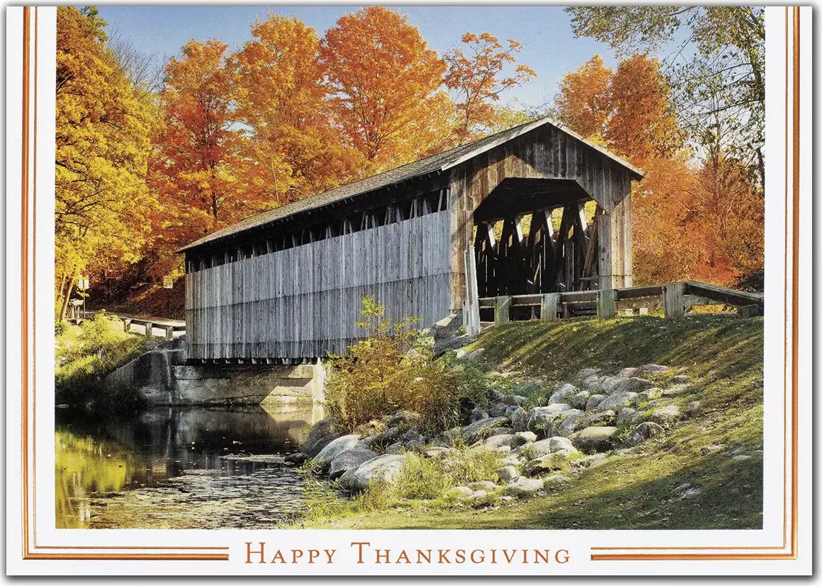 A rustic wooden bridge with Fall colored trees for custom printed Thanksgiving Cards