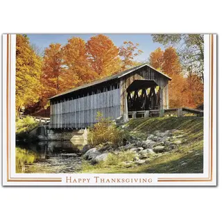 A rustic wooden bridge with Fall colored trees for custom printed Thanksgiving Cards