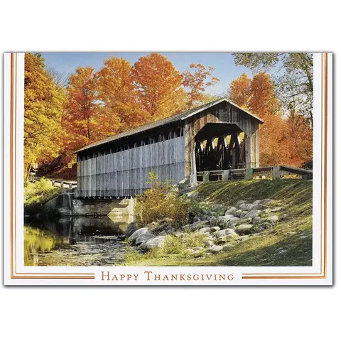 A rustic wooden bridge with Fall colored trees for custom printed Thanksgiving Cards