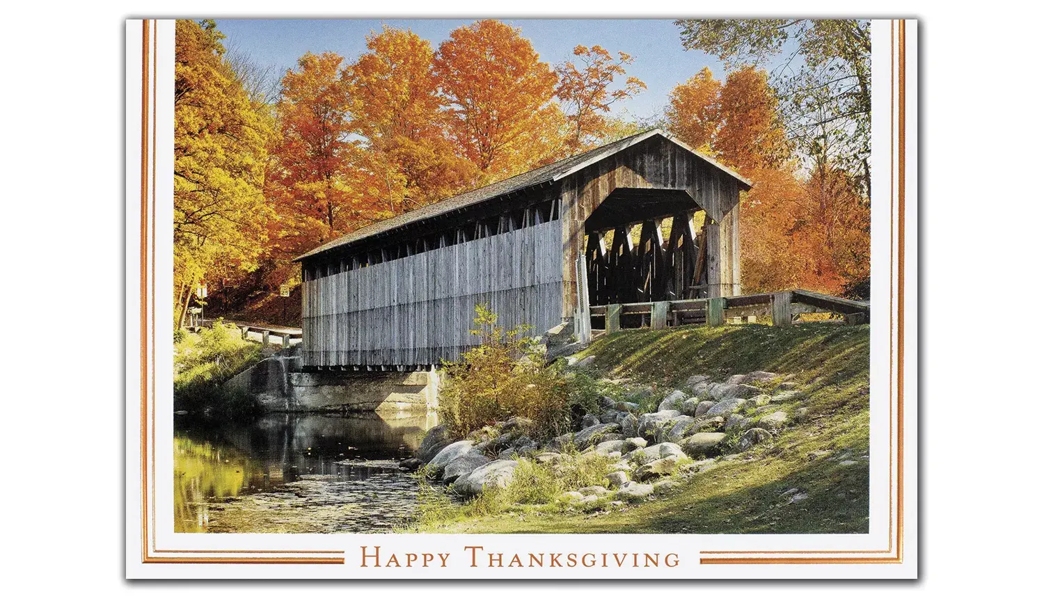 A rustic wooden bridge with Fall colored trees for custom printed Thanksgiving Cards