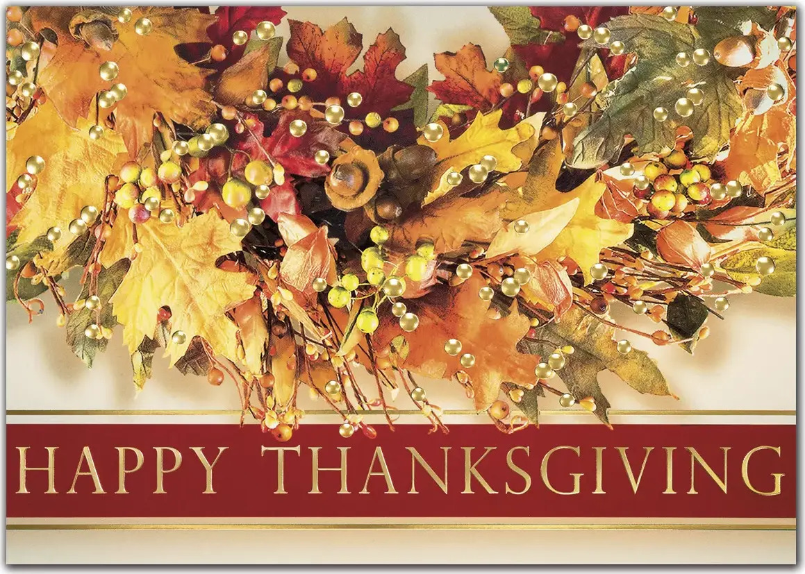Festive wreath for custom printed Thanksgiving greeting cards