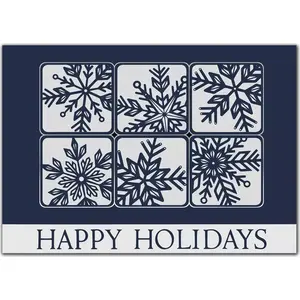 Custom business holiday card with a modern snowflake grid design on a navy blue background and "Happy Holidays" text.