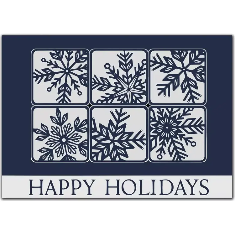Custom business holiday card with a modern snowflake grid design on a navy blue background and "Happy Holidays" text.
