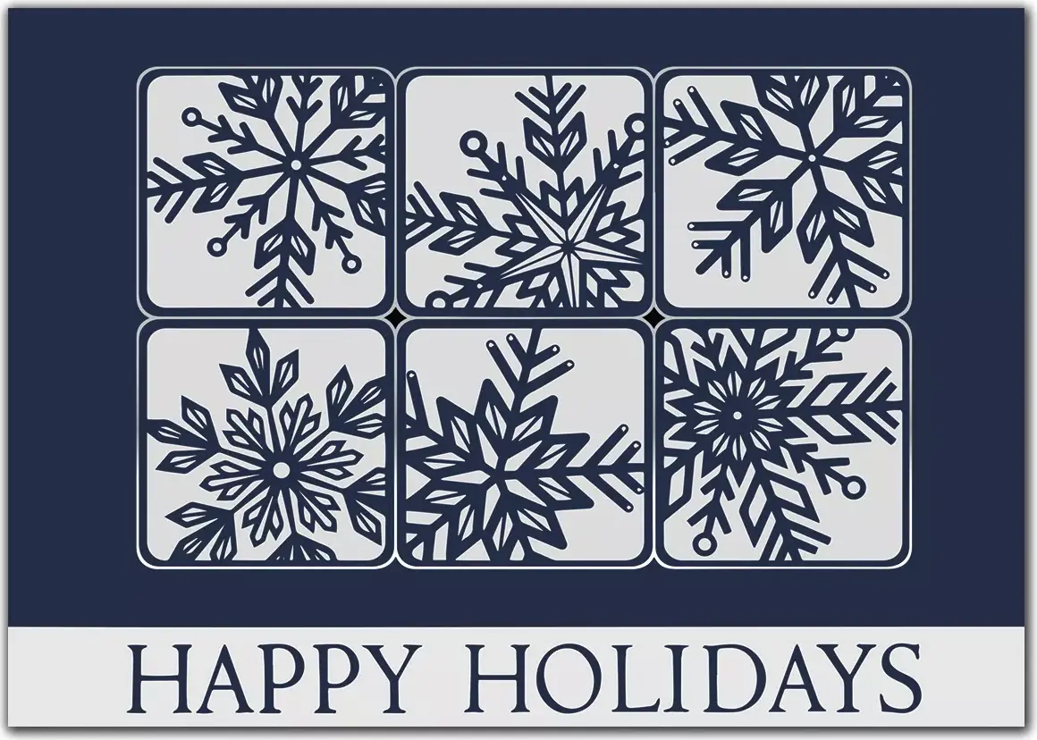 Custom business holiday card with a modern snowflake grid design on a navy blue background and "Happy Holidays" text.