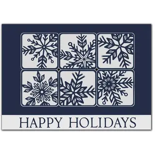 Custom business holiday card with a modern snowflake grid design on a navy blue background and "Happy Holidays" text.