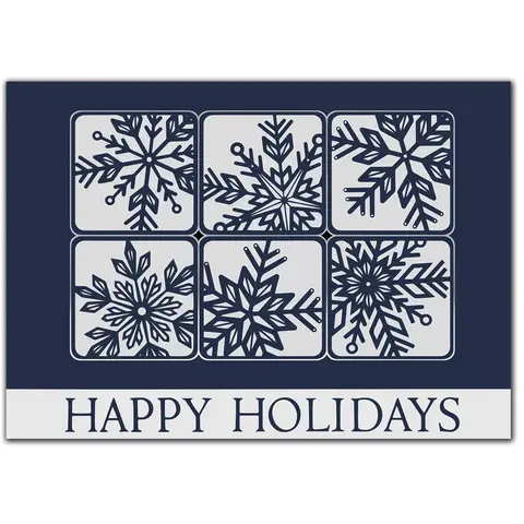 Custom business holiday card with a modern snowflake grid design on a navy blue background and "Happy Holidays" text.