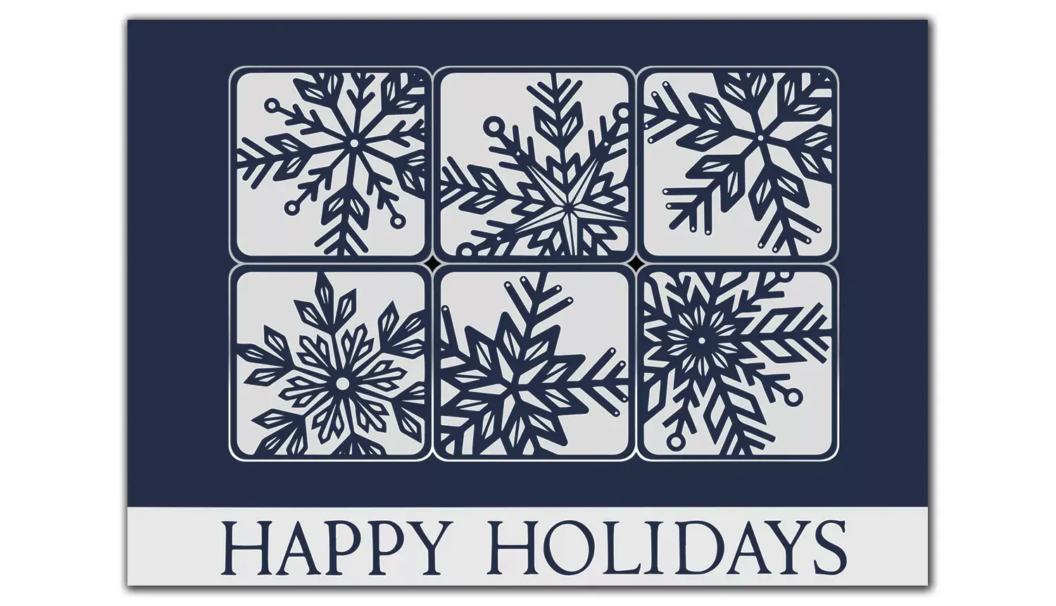Custom business holiday card with a modern snowflake grid design on a navy blue background and "Happy Holidays" text.