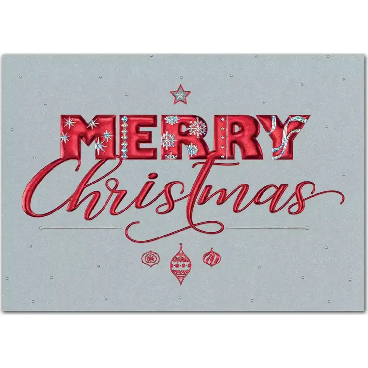 Beautiful red foil "Merry Christmas" words on a custom gray greeting card