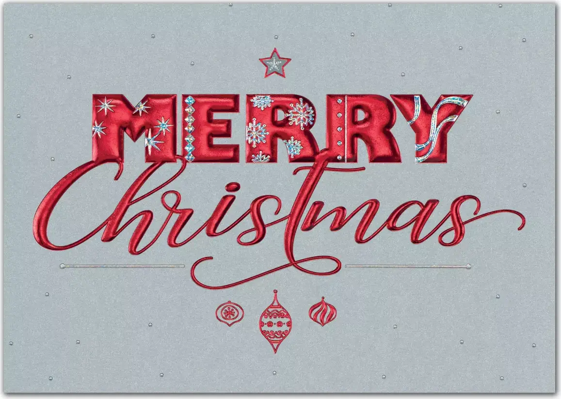 Beautiful red foil "Merry Christmas" words on a custom gray greeting card