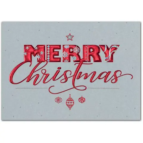 Beautiful red foil "Merry Christmas" words on a custom gray greeting card