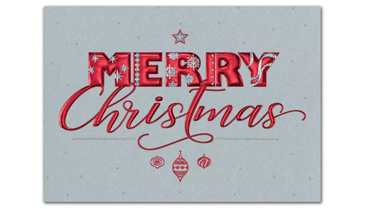 Beautiful red foil "Merry Christmas" words on a custom gray greeting card