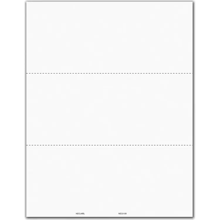 1099 NEC Tax Forms - 3-Up Blank Backer No Stub - Bulk Format