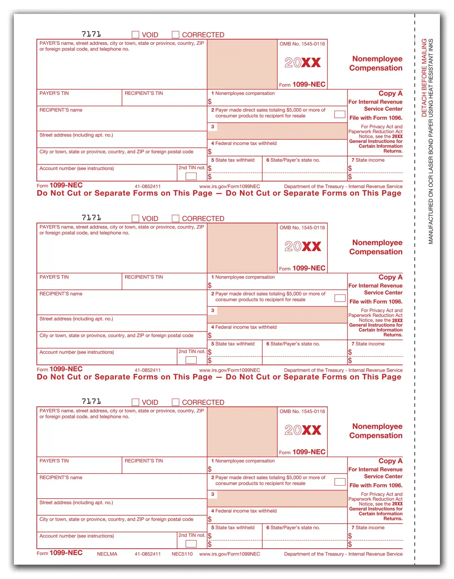 Laser 1099-NEC Tax Forms, Copy-A - Bulk format