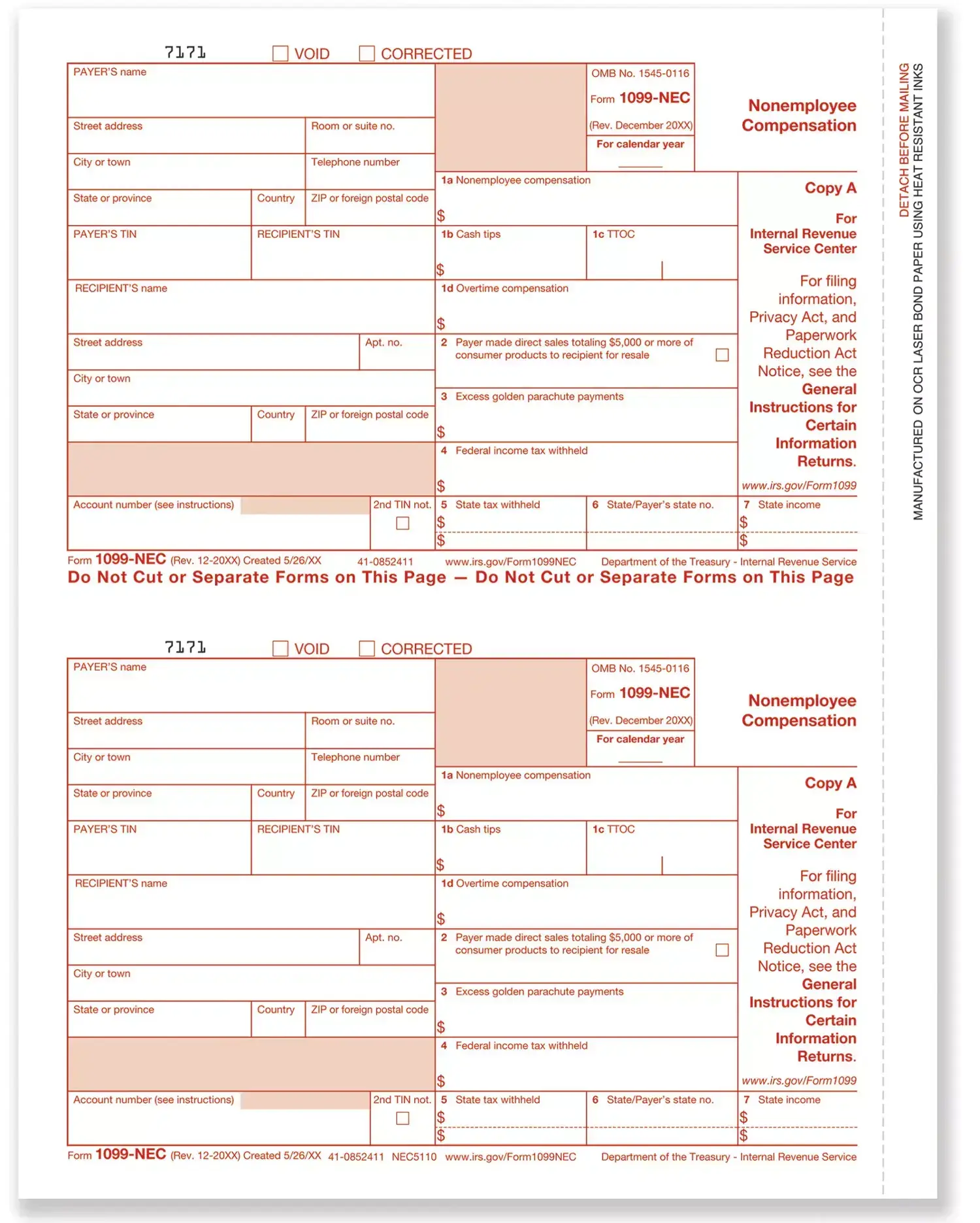 Laser 1099-NEC Tax Forms, Copy-A - Bulk format