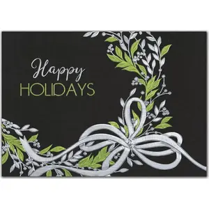 Custom printed holiday cards with a green wreath and silver accents on a black background