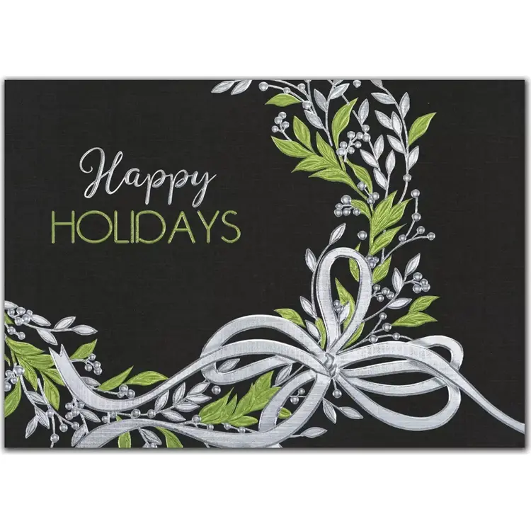 Custom printed holiday cards with a green wreath and silver accents on a black background