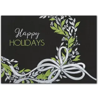 Custom printed holiday cards with a green wreath and silver accents on a black background