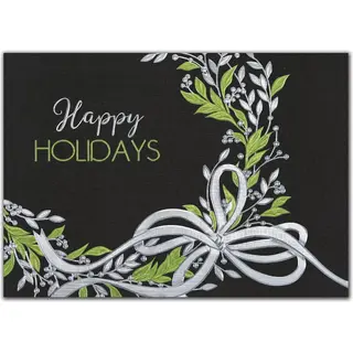 Custom printed holiday cards with a green wreath and silver accents on a black background