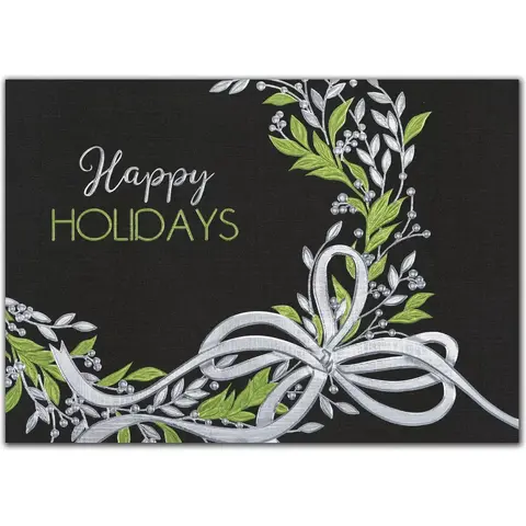 Custom printed holiday cards with a green wreath and silver accents on a black background