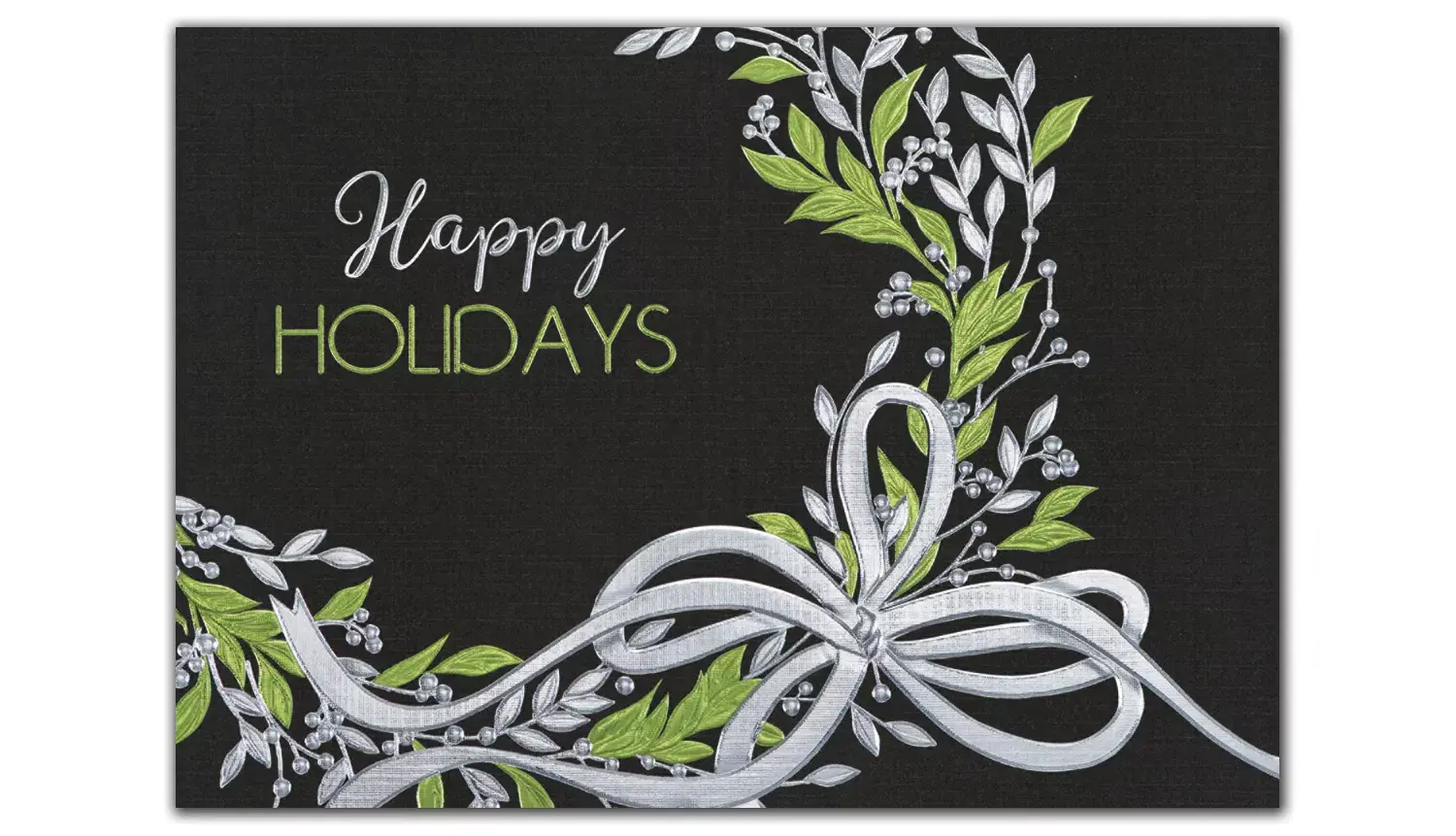 Custom printed holiday cards with a green wreath and silver accents on a black background