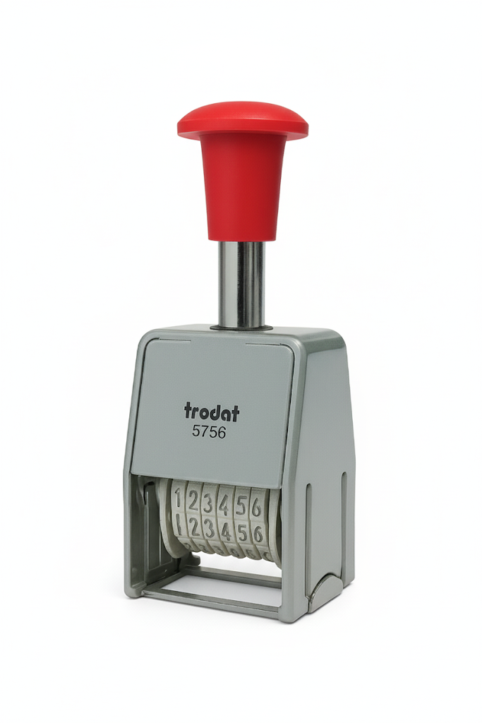 Numbering rubber stamp for office use - black ink impressions