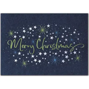A custom printed Christmas greeting card with stars on a deep blue background
