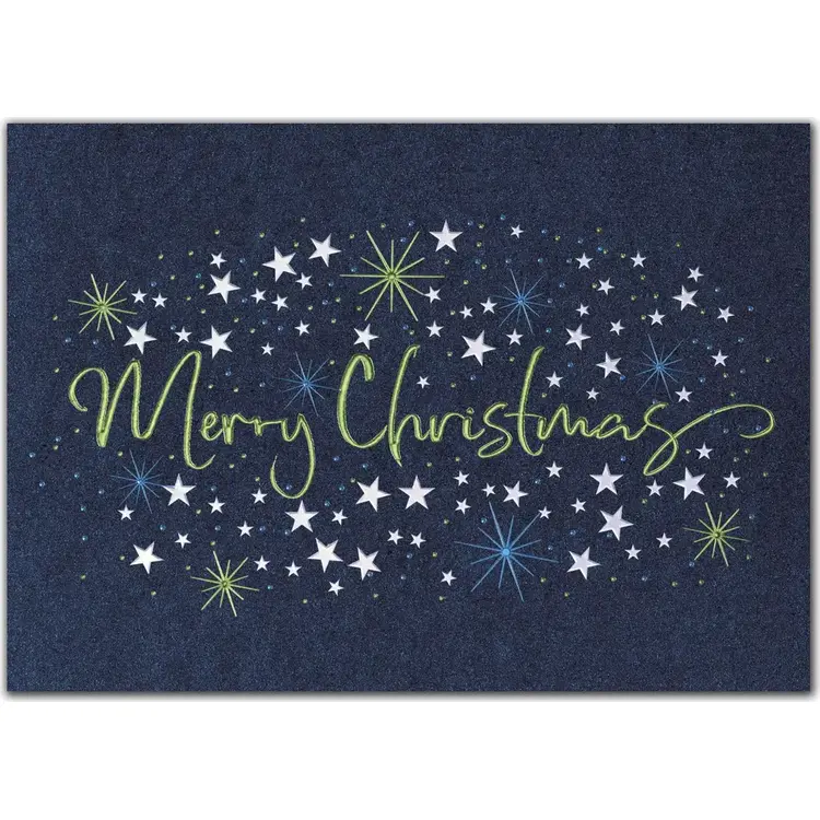 A custom printed Christmas greeting card with stars on a deep blue background