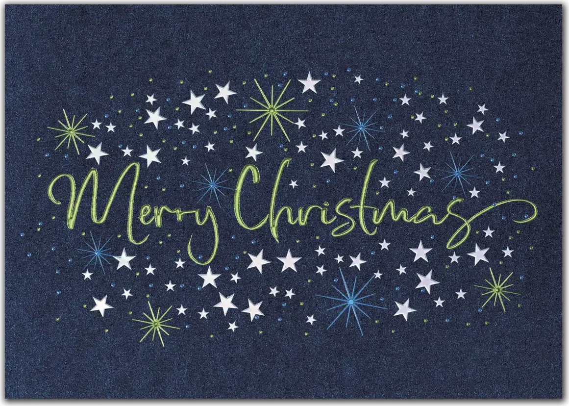 A custom printed Christmas greeting card with stars on a deep blue background