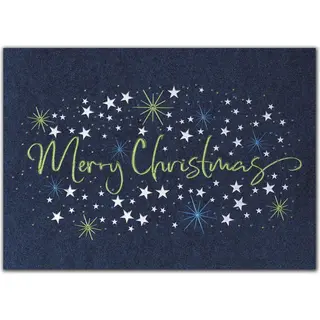 A custom printed Christmas greeting card with stars on a deep blue background