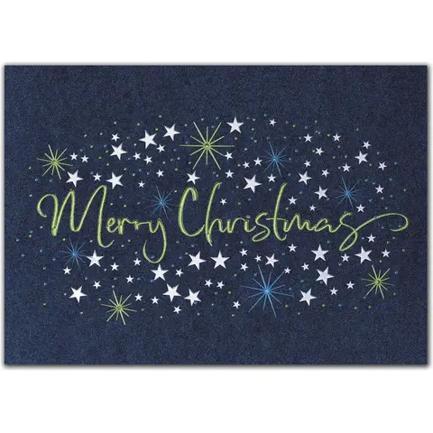 A custom printed Christmas greeting card with stars on a deep blue background