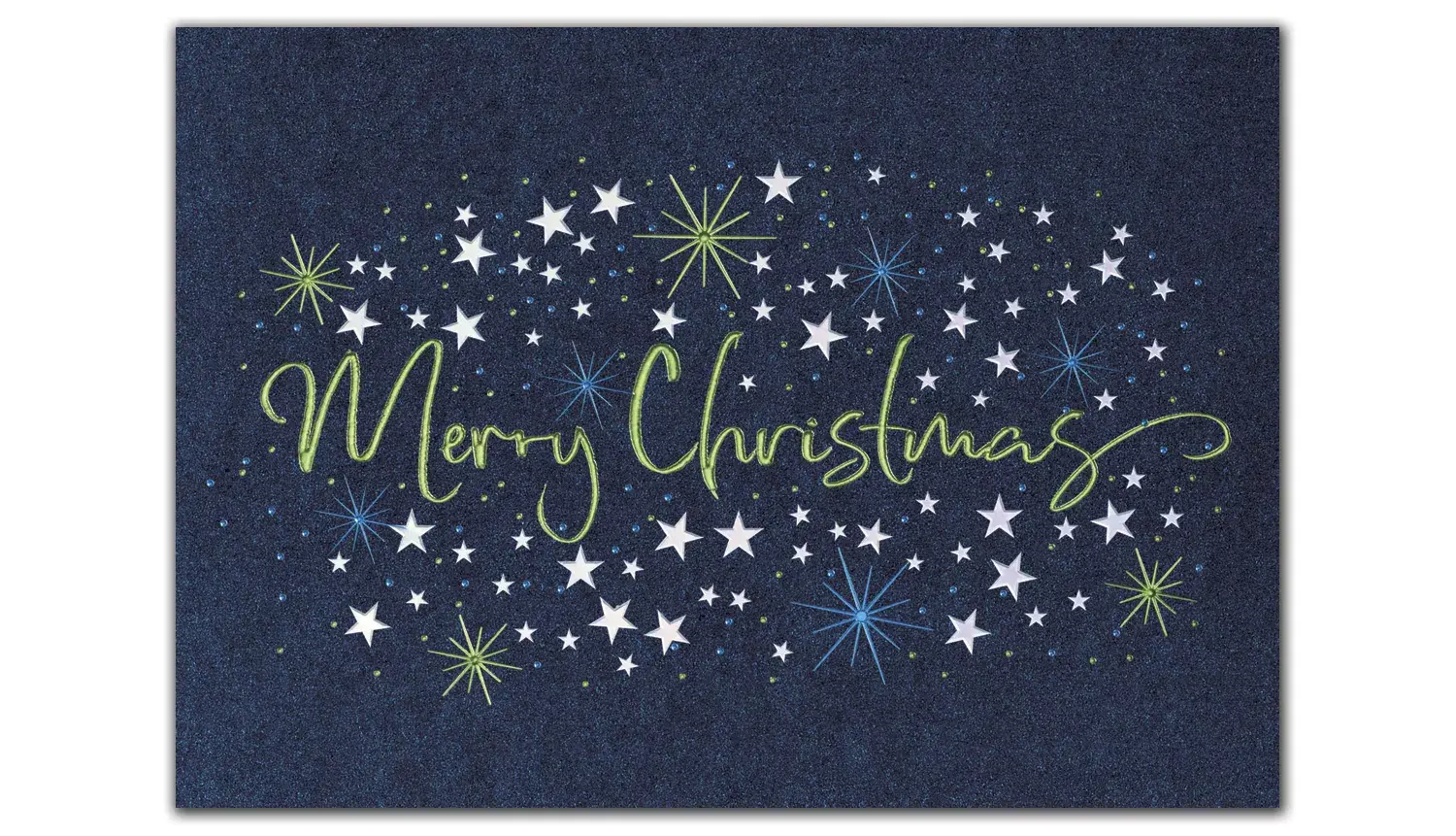 A custom printed Christmas greeting card with stars on a deep blue background