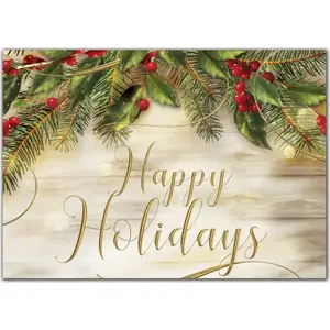 Holiday greeting card featuring pines and berries above gold lettering