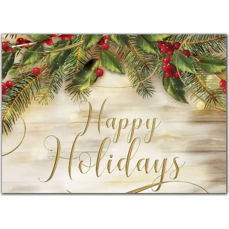 Holiday greeting card featuring pines and berries above gold lettering