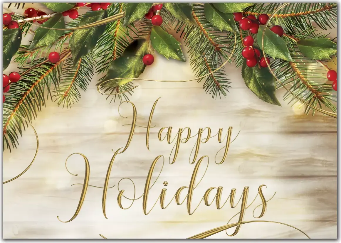 Holiday greeting card featuring pines and berries above gold lettering