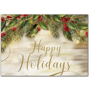 Holiday greeting card featuring pines and berries above gold lettering