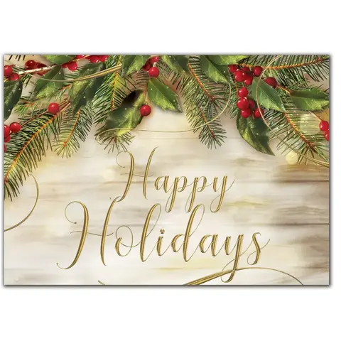Holiday greeting card featuring pines and berries above gold lettering