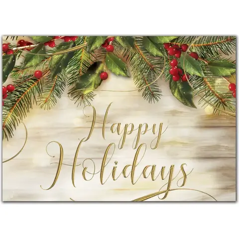 Holiday greeting card featuring pines and berries above gold lettering