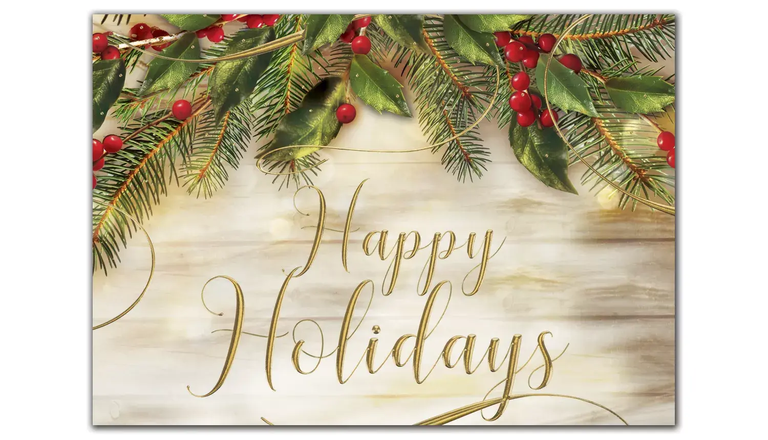 Holiday greeting card featuring pines and berries above gold lettering