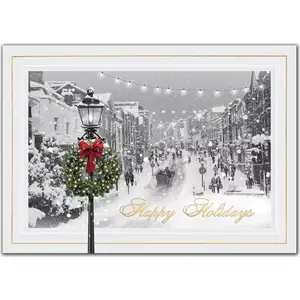 A snowy, vintage street scene for this custom printed holiday card